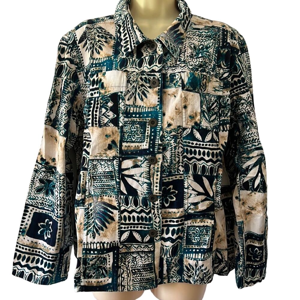 Additions by Chico’s Size 16 Teal Print Twill Jacket Casual Unlined